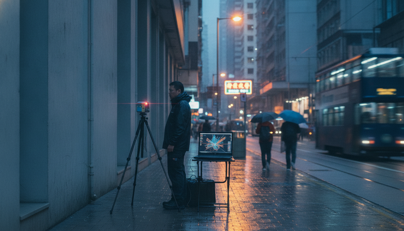 Technician laser-scanning a building facade in Hong Kong at blue hour to build a 3D model for projection mapping