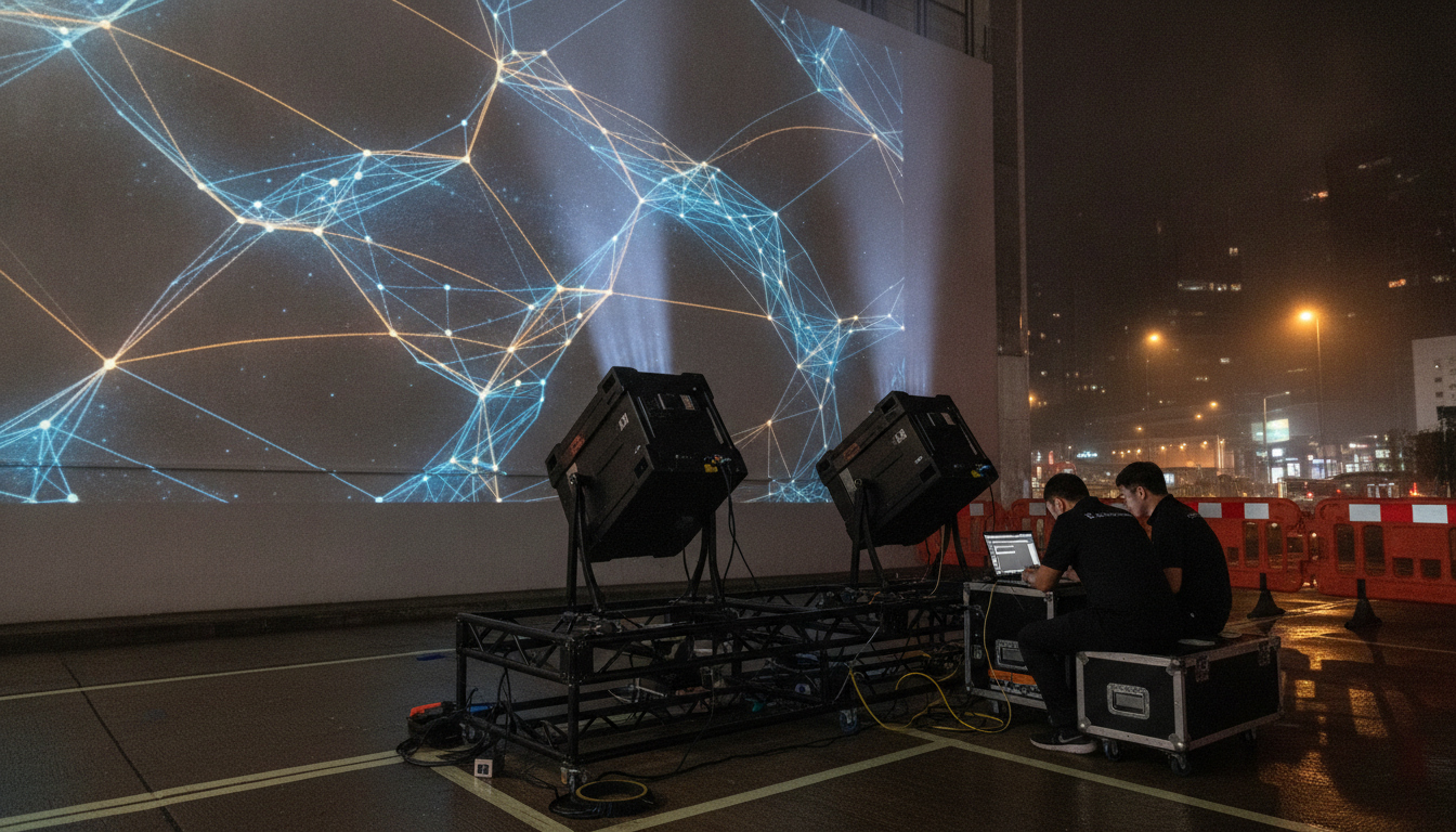 Two laser projectors on a ground-level truss projecting an abstract image onto a Hong Kong building facade at night
