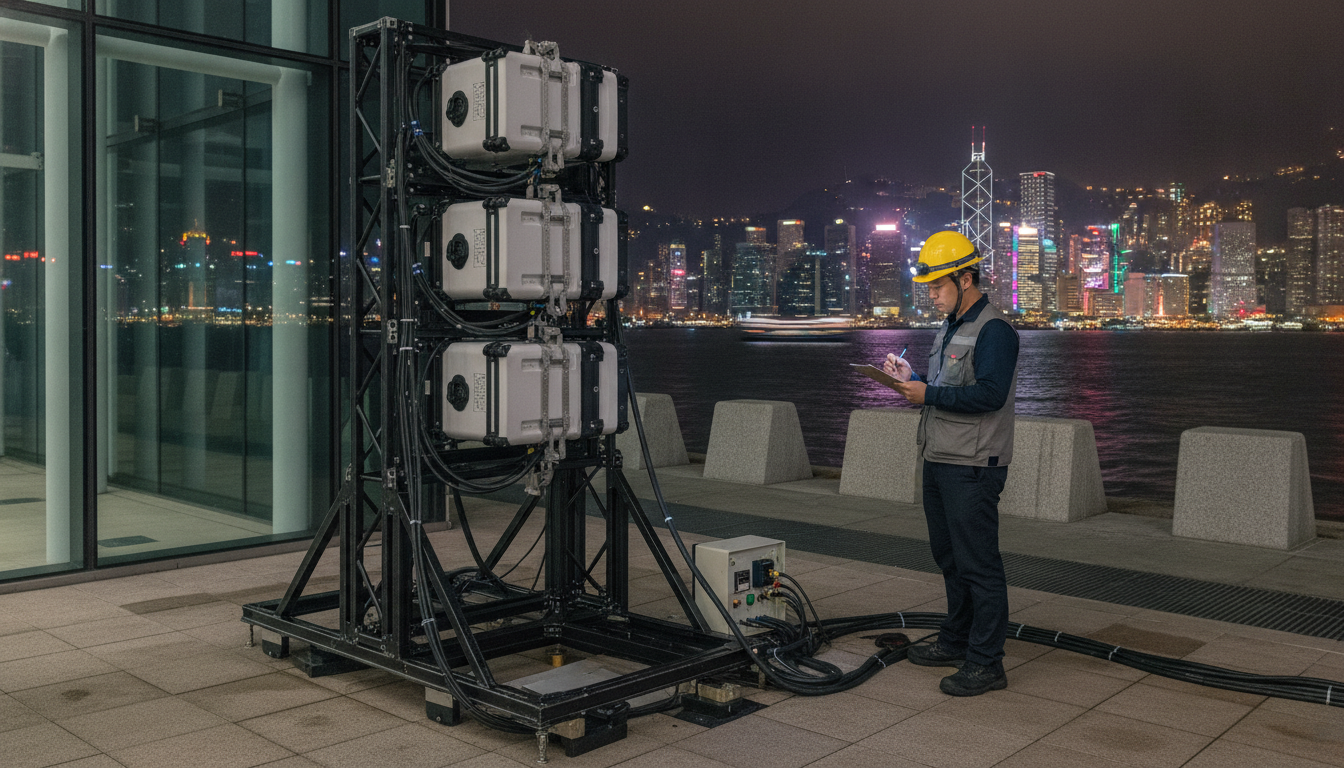 Laser projectors mounted on a box truss with weatherproof housings and safety bonds beside a Hong Kong harbourfront building