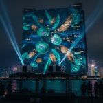 Hong Kong harbourfront tower lit by projection mapping with laser projectors on a truss in the foreground