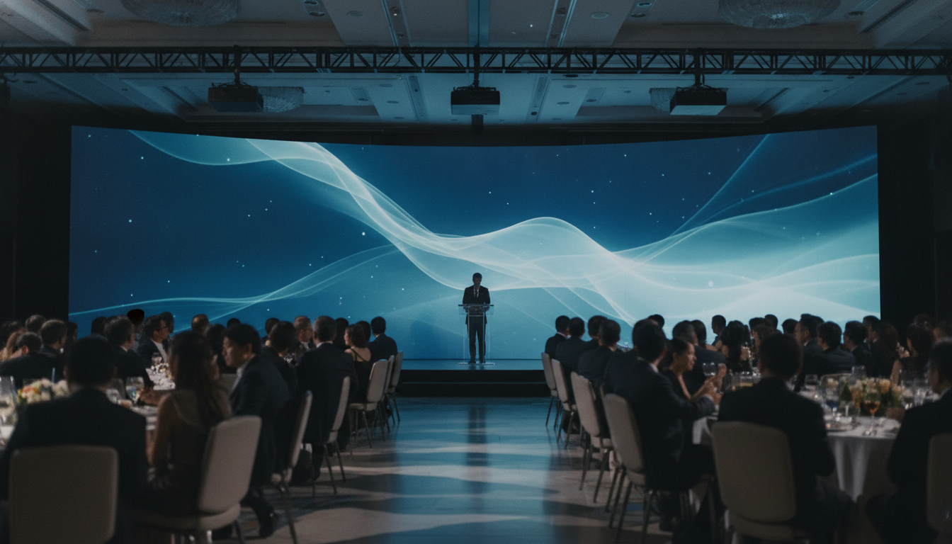 Corporate product launch in a Hong Kong hotel ballroom with an abstract projection mapped onto a curved stage wall