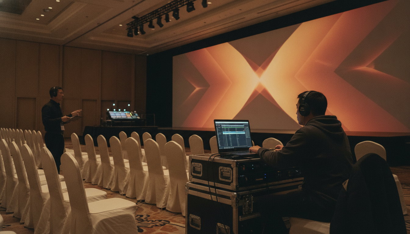 Projectionist running a technical rehearsal on a laptop and media server during a Hong Kong corporate launch setup