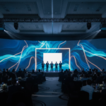 Corporate product launch reveal projected onto a shaped scenic wall in a Hong Kong hotel ballroom