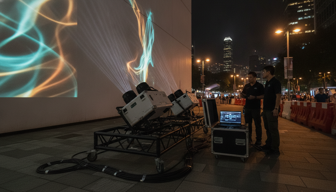 Two laser projectors on a ground truss lighting a Hong Kong building wall at night during a projection mapping build