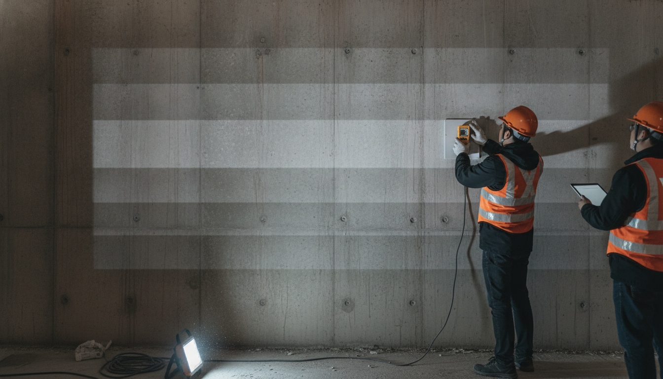 Technician metering projected light on a raw concrete wall in Hong Kong with a gray step test pattern