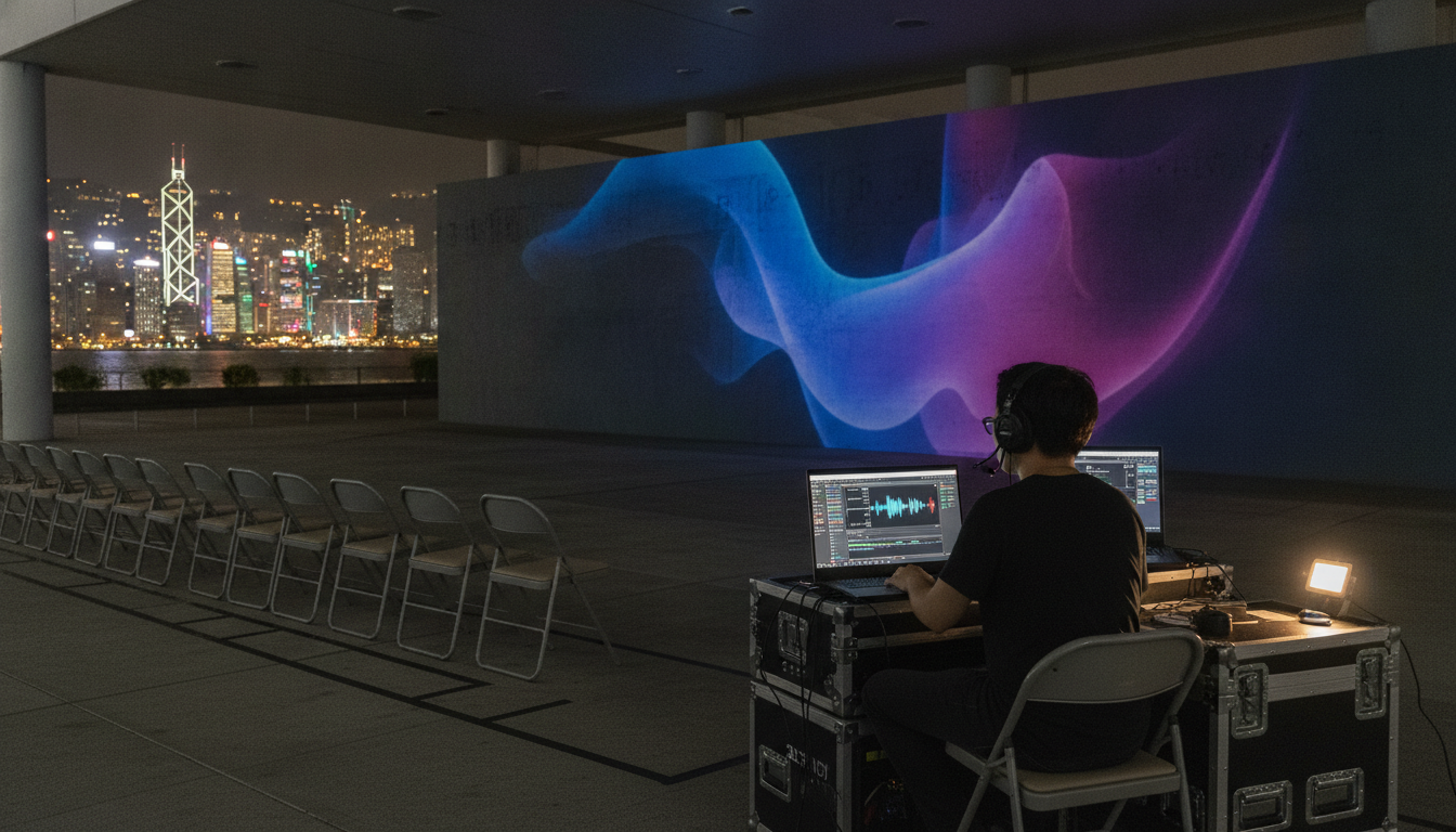 Projectionist running a nighttime rehearsal of a projection mapping show in Hong Kong from a road case control position